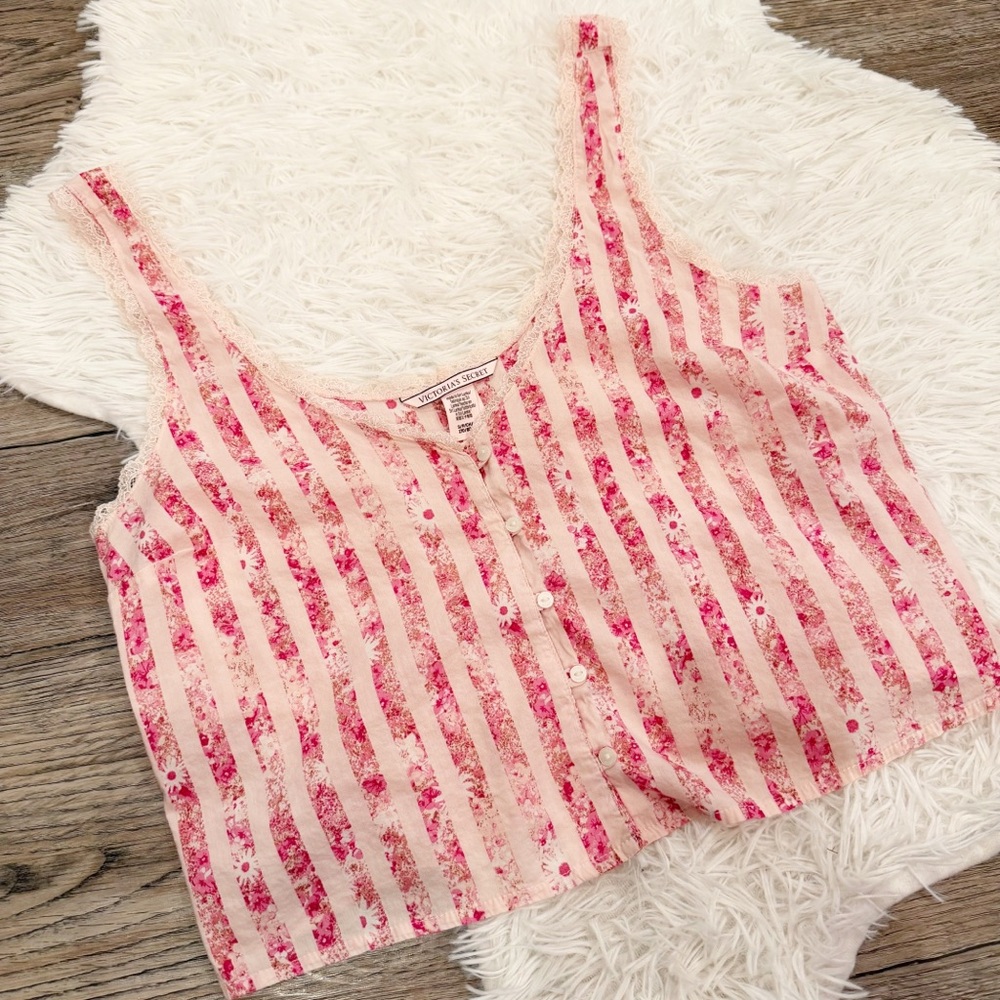 Victoria’s Secret Floral Stripe Lace Trim Crop Top Tank Y2K Doll Barbie Ballet